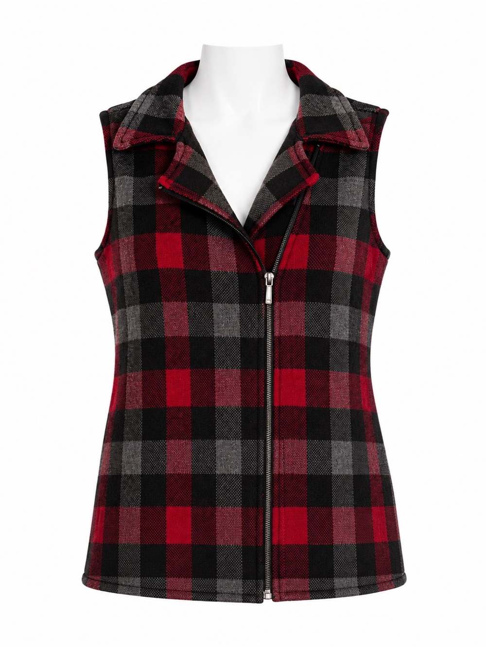 Size L Chaps Women’s Buffalo Plaid Moto Vest Red Black Full Zip Sleeveless